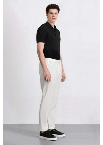 %100 Pamuk Keten Görünümlü Pantolon Beli Lastikli Slim Fit Dar Kesim Cepli Düz Paça D2671AX25SM