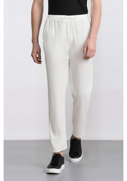 %100 Pamuk Keten Görünümlü Pantolon Beli Lastikli Slim Fit Dar Kesim Cepli Düz Paça D2671AX25SM