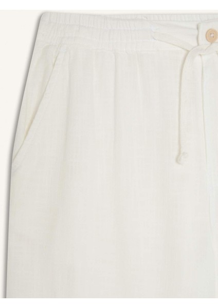 %100 Pamuk Keten Görünümlü Pantolon Beli Lastikli Slim Fit Dar Kesim Cepli Düz Paça D2671AX25SM