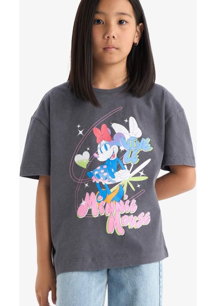 Kız Çocuk Disney Mickey & Minnie Oversize Geniş Kalıp Bisiklet Yaka Kısa Kollu Tişört E2617A825SM