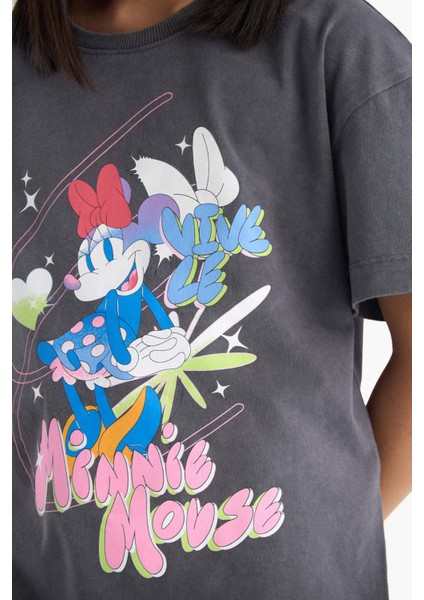 Kız Çocuk Disney Mickey & Minnie Oversize Geniş Kalıp Bisiklet Yaka Kısa Kollu Tişört E2617A825SM