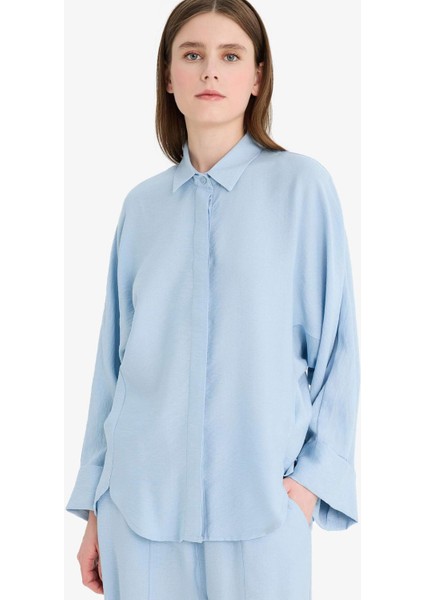 Relax Fit Basic Düz Keten Karışımlı Uzun Kollu Tesettür Gömlek Tunik D9702AX25SM