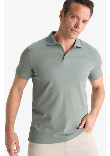 Slim Fit Dar Kesim Polo Yaka Kısa Kollu Dokulu Basic Düz Tişört