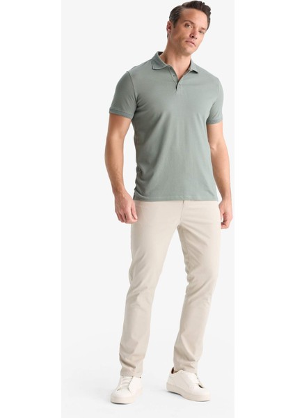 Slim Fit Dar Kesim Polo Yaka Kısa Kollu Dokulu Basic Düz Tişört