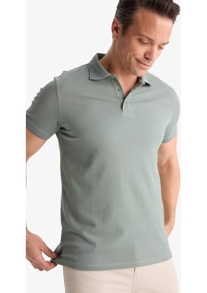 Slim Fit Dar Kesim Polo Yaka Kısa Kollu Dokulu Basic Düz Tişört