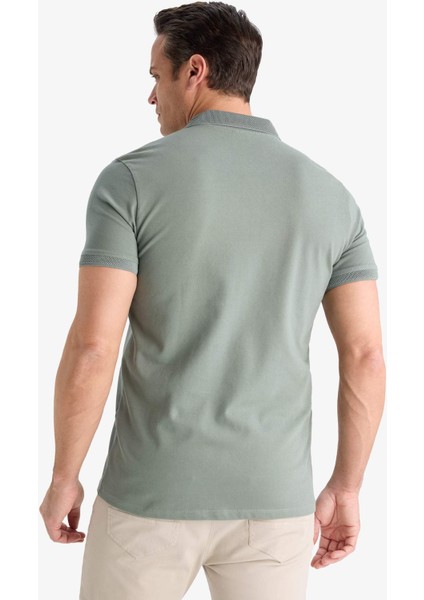 Slim Fit Dar Kesim Polo Yaka Kısa Kollu Dokulu Basic Düz Tişört