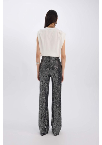 Siyah Şık Payetli Pantolon Flare Fit Yüksek Bel Standart Boy E1773AX24CW