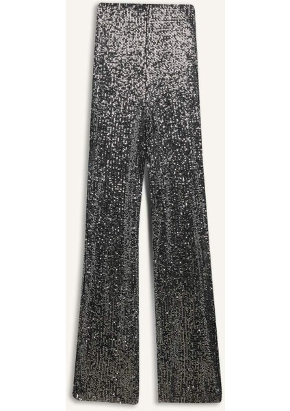 Siyah Şık Payetli Pantolon Flare Fit Yüksek Bel Standart Boy E1773AX24CW