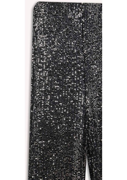 Siyah Şık Payetli Pantolon Flare Fit Yüksek Bel Standart Boy E1773AX24CW