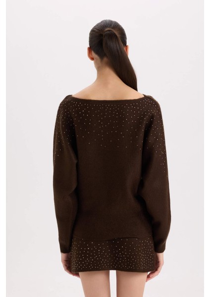 Regular Fit Kayık Yaka Taşlı Basic Düz Triko Kazak E2286AX24WN