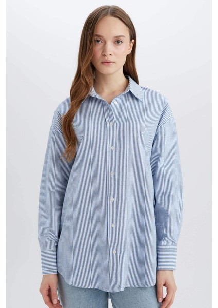 Relax Fit Çizgili Oxford Basic Düz Uzun Kollu Gömlek Tunik D4772AX25SP