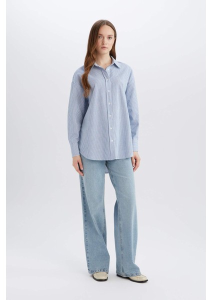 Relax Fit Çizgili Oxford Basic Düz Uzun Kollu Gömlek Tunik D4772AX25SP