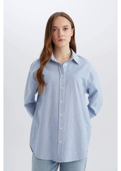 Relax Fit Çizgili Oxford Basic Düz Uzun Kollu Gömlek Tunik D4772AX25SP