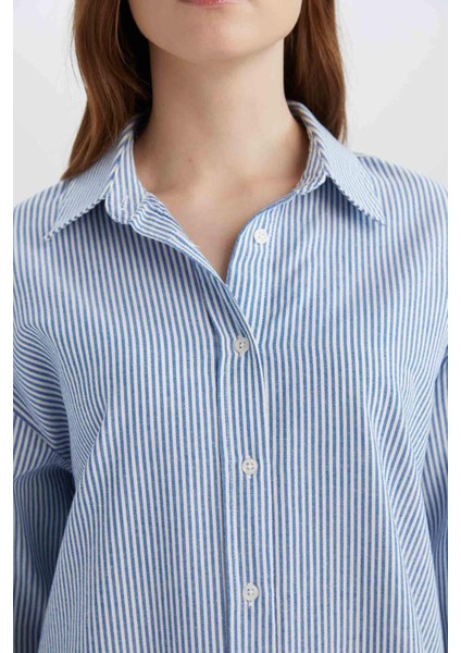 Relax Fit Çizgili Oxford Basic Düz Uzun Kollu Gömlek Tunik D4772AX25SP
