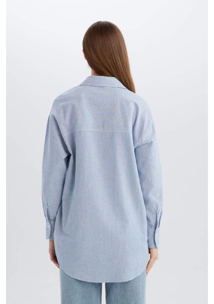 Relax Fit Çizgili Oxford Basic Düz Uzun Kollu Gömlek Tunik D4772AX25SP