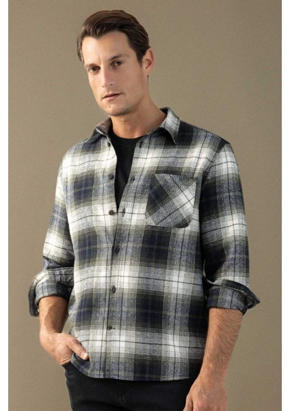 Regular Fit Polo Yaka Kareli Flanel Uzun Kollu Gömlek E2763AX24WN