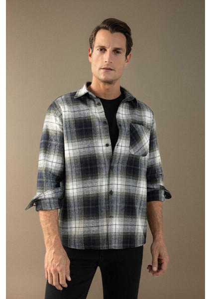 Regular Fit Polo Yaka Kareli Flanel Uzun Kollu Gömlek E2763AX24WN
