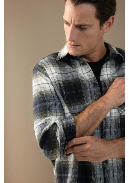 Regular Fit Polo Yaka Kareli Flanel Uzun Kollu Gömlek E2763AX24WN