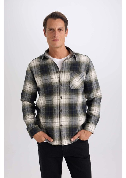 Regular Fit Polo Yaka Kareli Flanel Uzun Kollu Gömlek E2763AX24WN