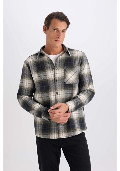 Regular Fit Polo Yaka Kareli Flanel Uzun Kollu Gömlek E2763AX24WN
