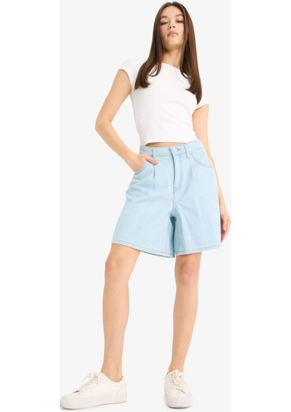 Yüksek Bel Yumuşak Jean Bermuda Şort E0960AX25SM