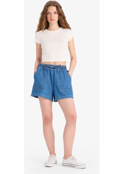 Yüksek Bel Beli Lastikli Bağcıklı Yumuşak Jean Şort E0958AX25SM