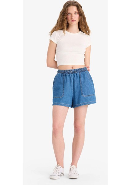 Yüksek Bel Beli Lastikli Bağcıklı Yumuşak Jean Şort E0958AX25SM