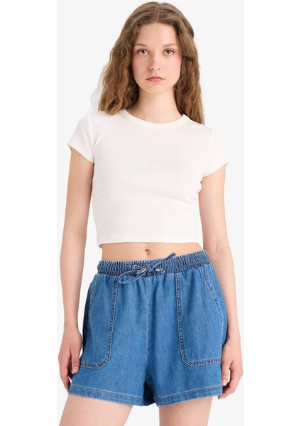 Yüksek Bel Beli Lastikli Bağcıklı Yumuşak Jean Şort E0958AX25SM