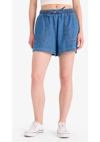 Yüksek Bel Beli Lastikli Bağcıklı Yumuşak Jean Şort E0958AX25SM