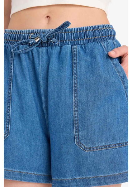 Yüksek Bel Beli Lastikli Bağcıklı Yumuşak Jean Şort E0958AX25SM