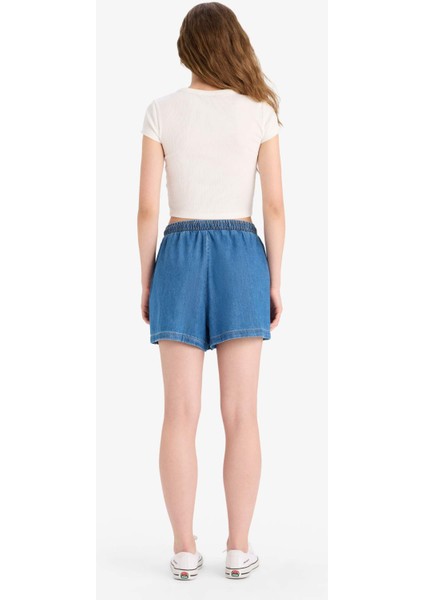 Yüksek Bel Beli Lastikli Bağcıklı Yumuşak Jean Şort E0958AX25SM