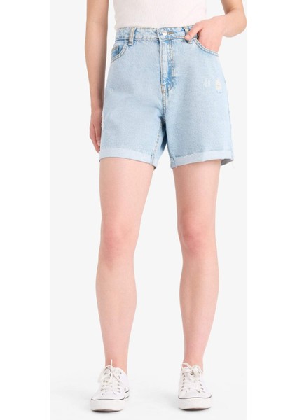 Boyfriend Yüksek Bel Yıkamalı Duble Paça Jean Şort