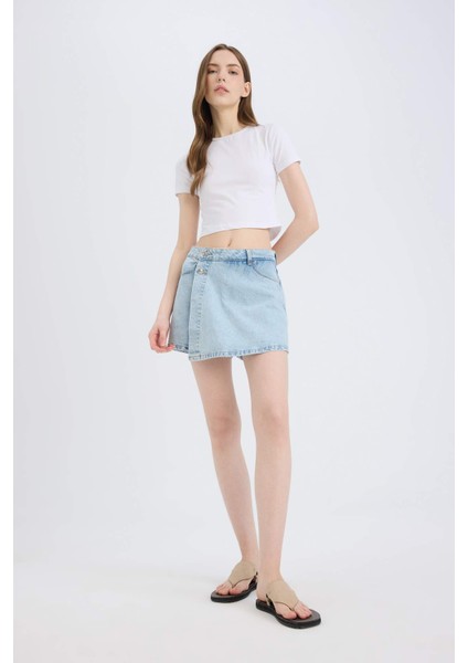 Yüksek Bel Jean Şort Etek
