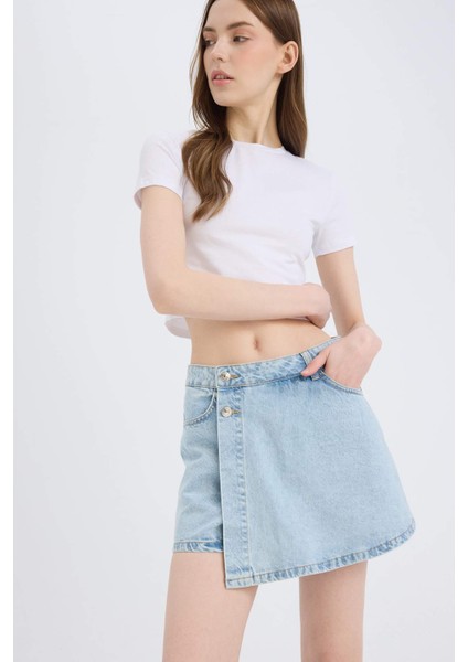 Yüksek Bel Jean Şort Etek