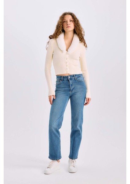 Slim Fit Dar Kesim Suni Kürklü V Yaka Düğmeli Triko Hırka E2268AX24CW