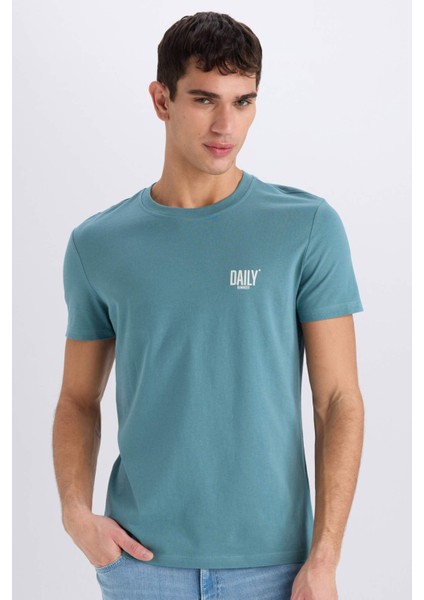 %100 Pamuk Slim Fit Dar Kesim Bisiklet Yaka Baskılı Kısa Kollu Tişört C2078AX25SM