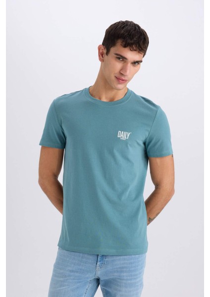 %100 Pamuk Slim Fit Dar Kesim Bisiklet Yaka Baskılı Kısa Kollu Tişört C2078AX25SM