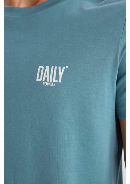 %100 Pamuk Slim Fit Dar Kesim Bisiklet Yaka Baskılı Kısa Kollu Tişört C2078AX25SM