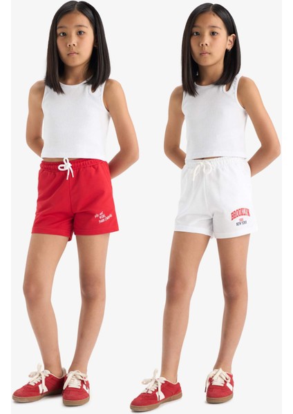 Kız Çocuk Beli Lastikli Baskılı 2'li Şort