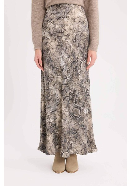 A Kesim Yılan Derisi Desenli Yüksek Bel Saten Midi Etek E3020AX24WN