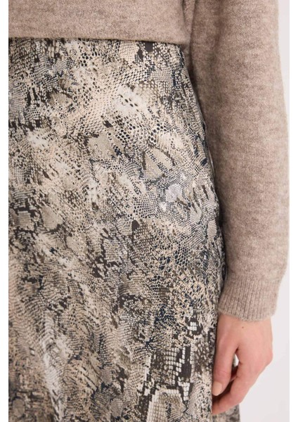 A Kesim Yılan Derisi Desenli Yüksek Bel Saten Midi Etek E3020AX24WN