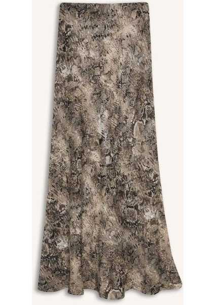 A Kesim Yılan Derisi Desenli Yüksek Bel Saten Midi Etek E3020AX24WN