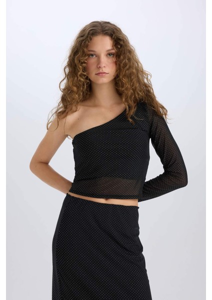 Fitted Tek Omuzlu Tül Uzun Kollu Tişört E1869AX24WN