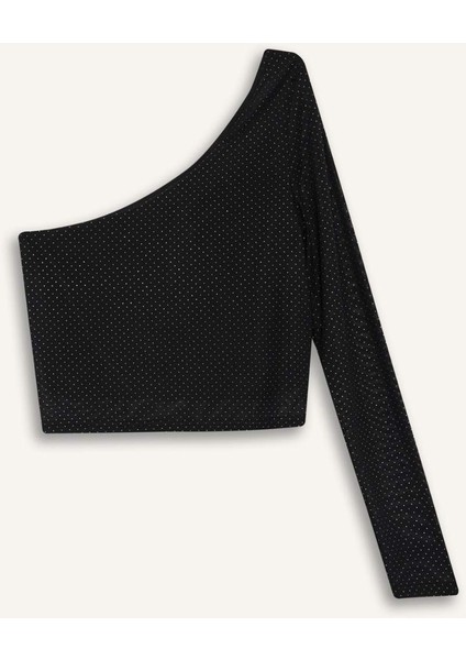 Fitted Tek Omuzlu Tül Uzun Kollu Tişört E1869AX24WN