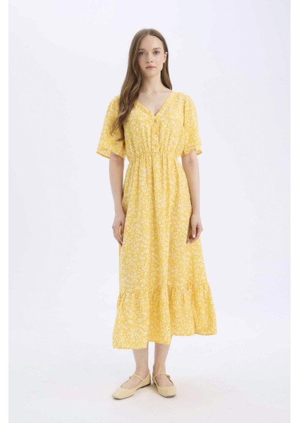 A Kesim V Yaka Çiçek Desenli Kısa Kollu Midi Elbise E1127AX25SM