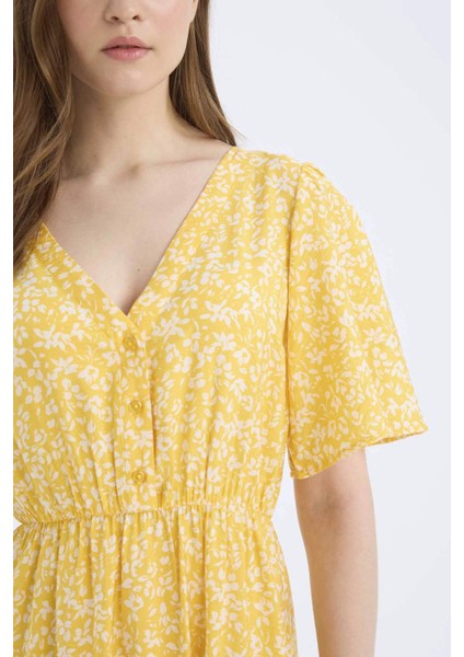 A Kesim V Yaka Çiçek Desenli Kısa Kollu Midi Elbise E1127AX25SM