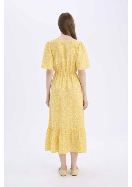 A Kesim V Yaka Çiçek Desenli Kısa Kollu Midi Elbise E1127AX25SM