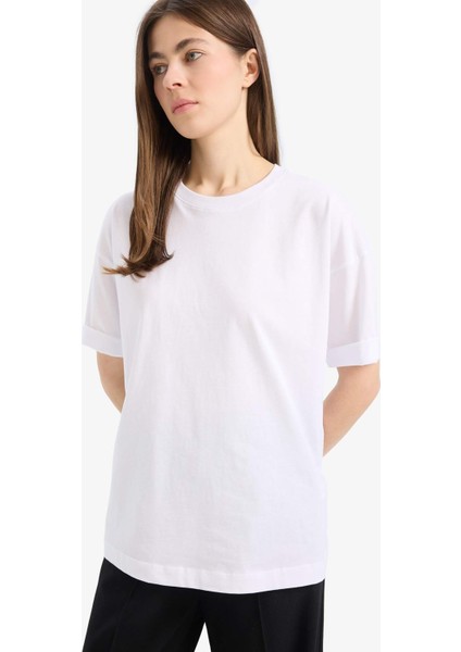 Oversize Geniş Kalıp Bisiklet Yaka Penye Basic Düz Kısa Kollu Beyaz Tişört C0099AX25SP