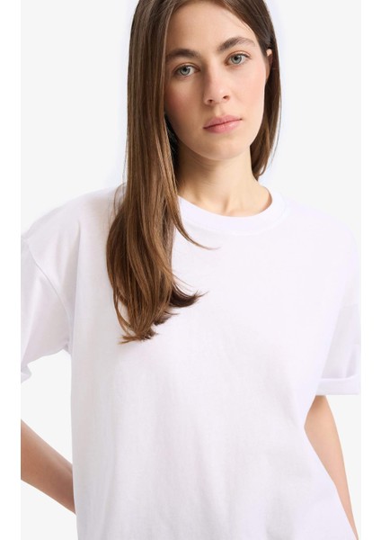 Oversize Geniş Kalıp Bisiklet Yaka Penye Basic Düz Kısa Kollu Beyaz Tişört C0099AX25SP