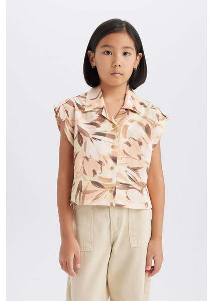 Kız Çocuk Crop Desenli Pamuklu Kısa Kollu Gömlek D9144A825SM